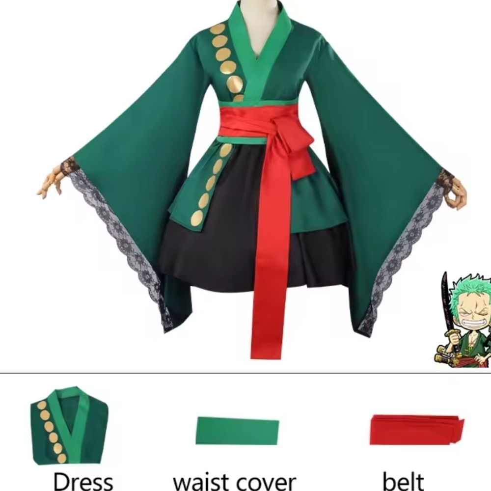 Vasfarok Roronoa Zoro Lg Elegant Green Kimono Jacket with Red Sash Costume